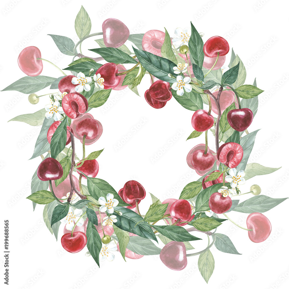 Hand-drawn watercolor wreath of flowers of cherry and leaves illustration. Watercolor botanical illustration isolated on white background. Hand-drawn watercolor wreath of flowers of cherry and leaves illustration. Watercolor botanical illustration isolated on white background.