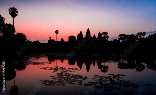 Amazing sunrise view of Angkor Wat temple complex in Cambodia and the largest religious monument in the world. Location Siem Reap, Cambodia. Artistic picture. Beauty world. Ancient Khmer architecture