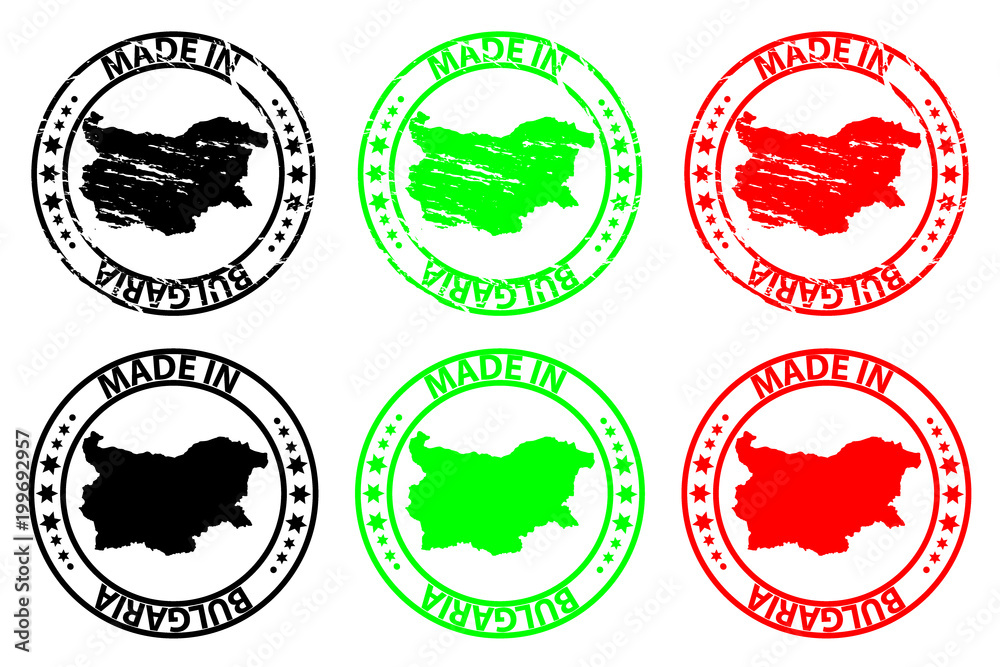 Made in Bulgaria - rubber stamp - vector, Bulgaria map pattern - black,green and red Made in Bulgaria - rubber stamp - vector, Bulgaria map pattern - black,green and red