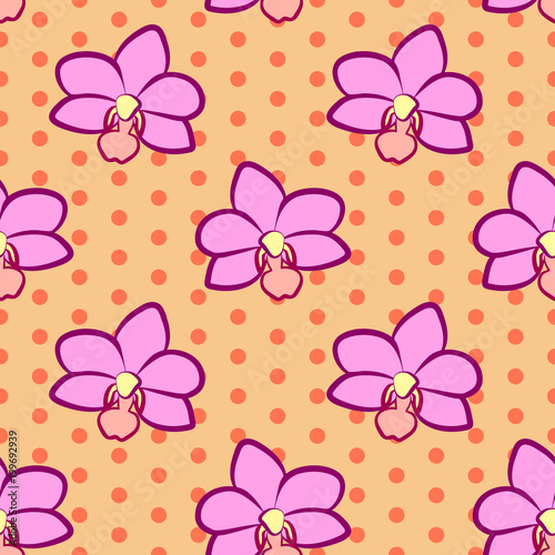 Vector illustration, soft seamless floral pattern in vintage style, beautiful cartoon pink orchid flowers on orange dotted background