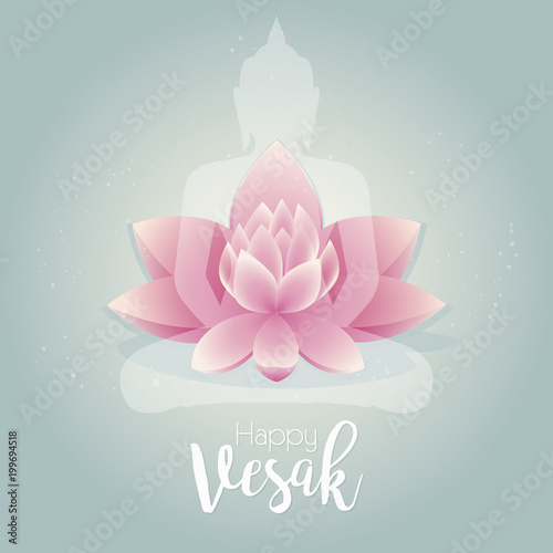 Happy Vesak day. Vector illustration greeting card. Pink lotus flower with buddhas silhouette.