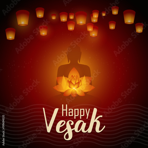 Happy Vesak day. Vector illustration greeting card. Lanterns and Lotus flower with buddhas silhouette.