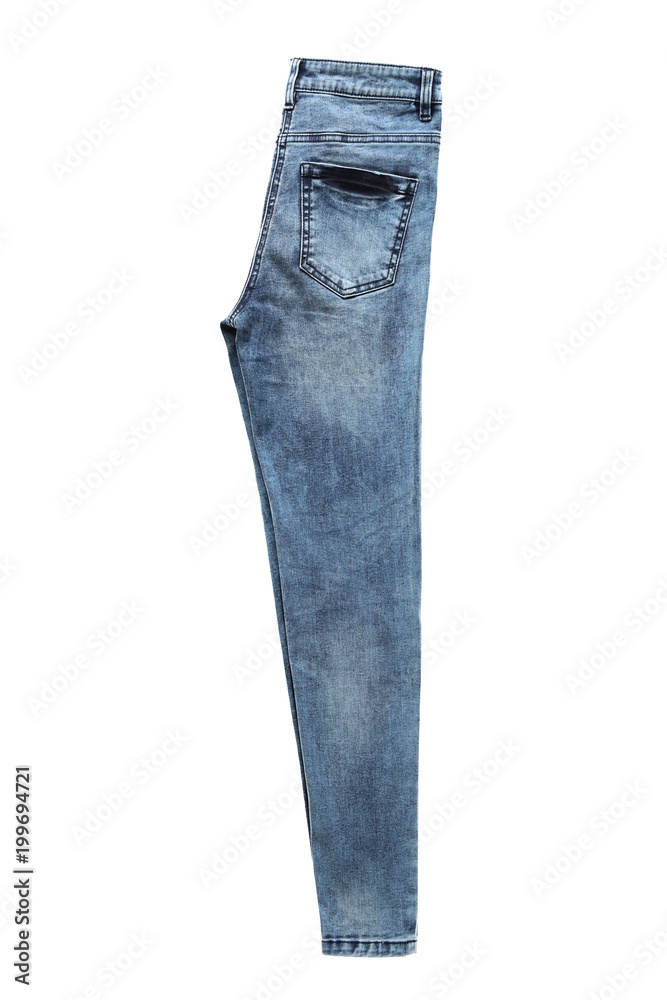 Classic blue denim jean folded half pack shot isolated on white Stock Photo  | Adobe Stock