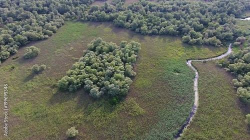 Aerial shot of a snaky inflow in the Dnipro basin covered with weed and trees photo