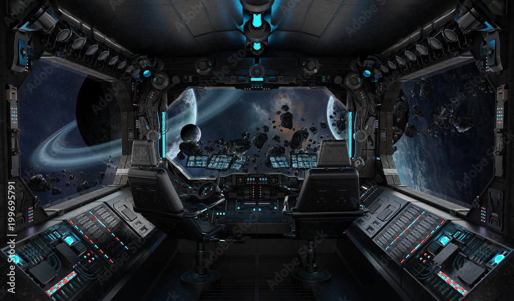 Fototapeta premium Spaceship grunge interior with view on exoplanet