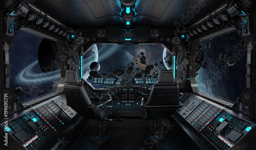 Fototapeta Naklejka Na Ścianę i Meble -  Spaceship grunge interior with view on exoplanet