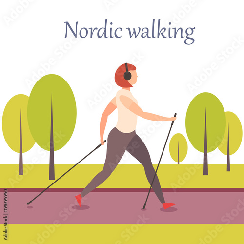 Nordic walking. Healthy lifestyle. Vector.