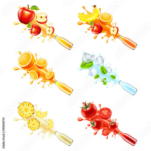 Juice explosion from glass bottle fruits and vegetables 3d vector set