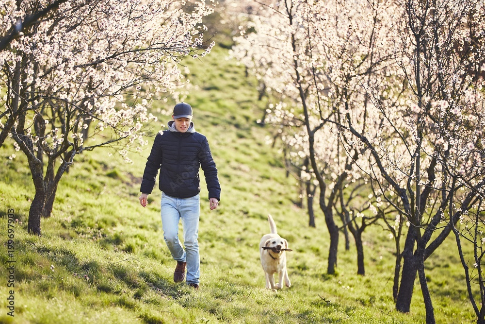 Man with dog in spring nature