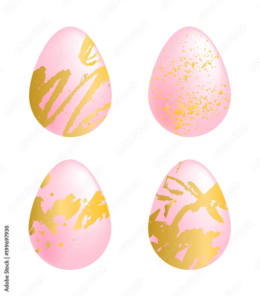 Easter pink eggs with hand drawn gold smear, spot and blot set on the white background, scandinavian style
