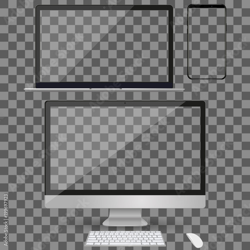 Realistic Computer, Laptop and Smartphone with Blank Wallpaper Screen Isolated on Transparent Background. Use for Template. Set of Device Mockup. Separate Groups and Layers. Easily Editable.