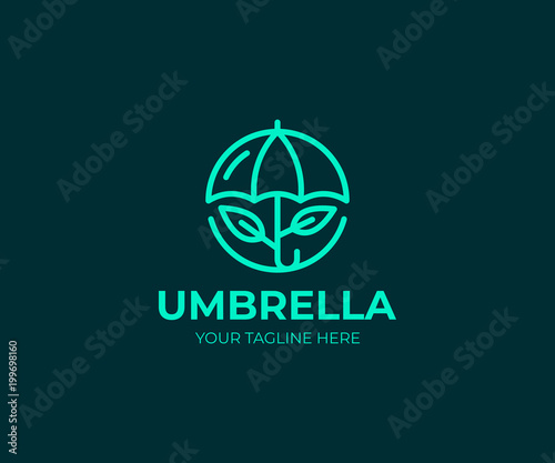 Umbrella logo template. Line parasol and leaves vector design. Opened umbrella logotype