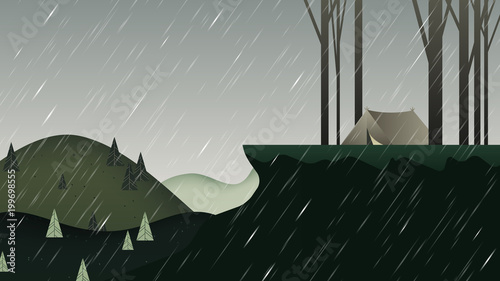Beautiful rainy scenery landscape, camping tent on the mountain with trees, green tone