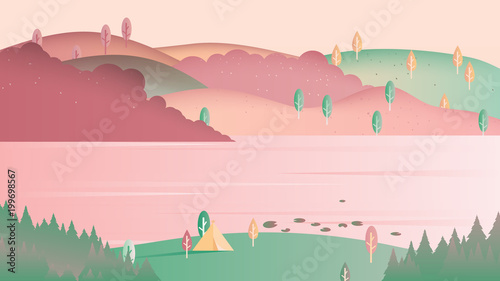 Beautiful spring scenery landscape  camping tent on small hill with lake and mountain  pink and green tones