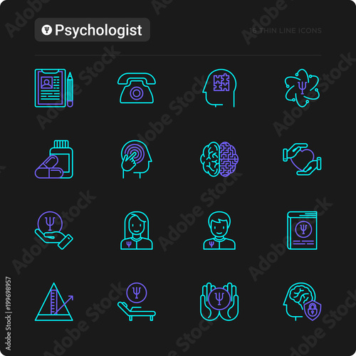 Psychologist thin line icons set: psychiatrist, disease history, armchair, pendulum, antidepressants, psychological support. Vector illustration for black theme.