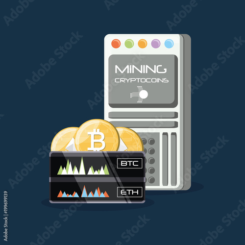 Mining cryptocoins design with bitcoin coins and device over blue background, colorful design. vector illustration