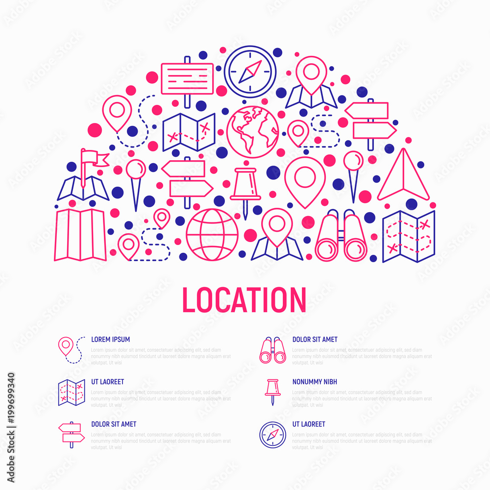 Location concept in half circle with thin line icons: pin, pointer, direction, route, compass, wall needle, cursor, navigation, gps, binoculars. Modern vector illustration for banner, print media.