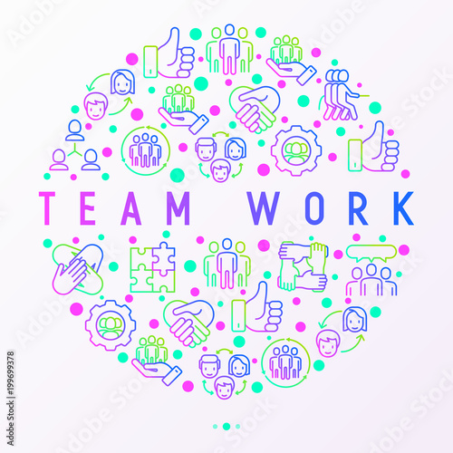 Teamwork concept in circle with thin line icons: group of people, mutual assistance, meeting, handshake, tug-of-war, cooperation, puzzle, team spirit, cooperation. Modern vector illustration.