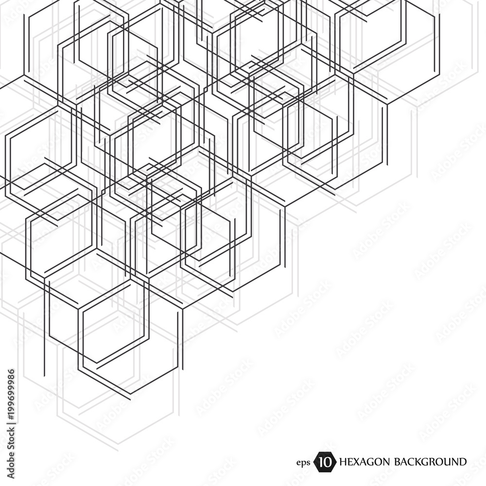Abstract molecule background. Hexagonal chemistry pattern. Molecular scientific research. Composition of the molecular hexagonal lattice. Medical, science and technology design vector illustration.