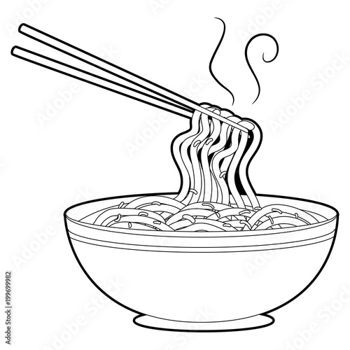 Coloring Book Outlined Noodles Soup with Chopsticks