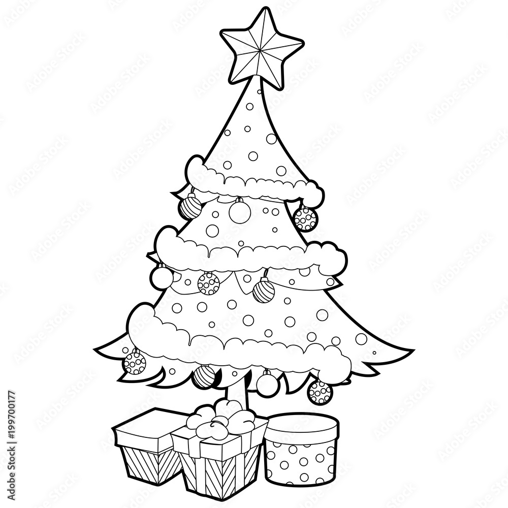 Fotografie Coloring Book Outlined Christmas Tree with Gift Box