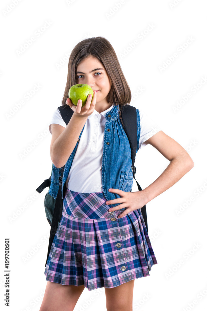 Cute schoolgirl with apple on white background Cute schoolgirl with apple on white background