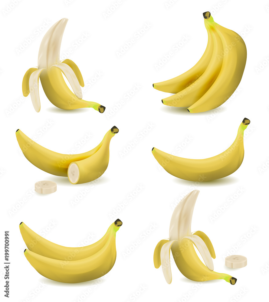 Set of vector realistic illustration bananas.Peeled banana,bananas isolated on white background