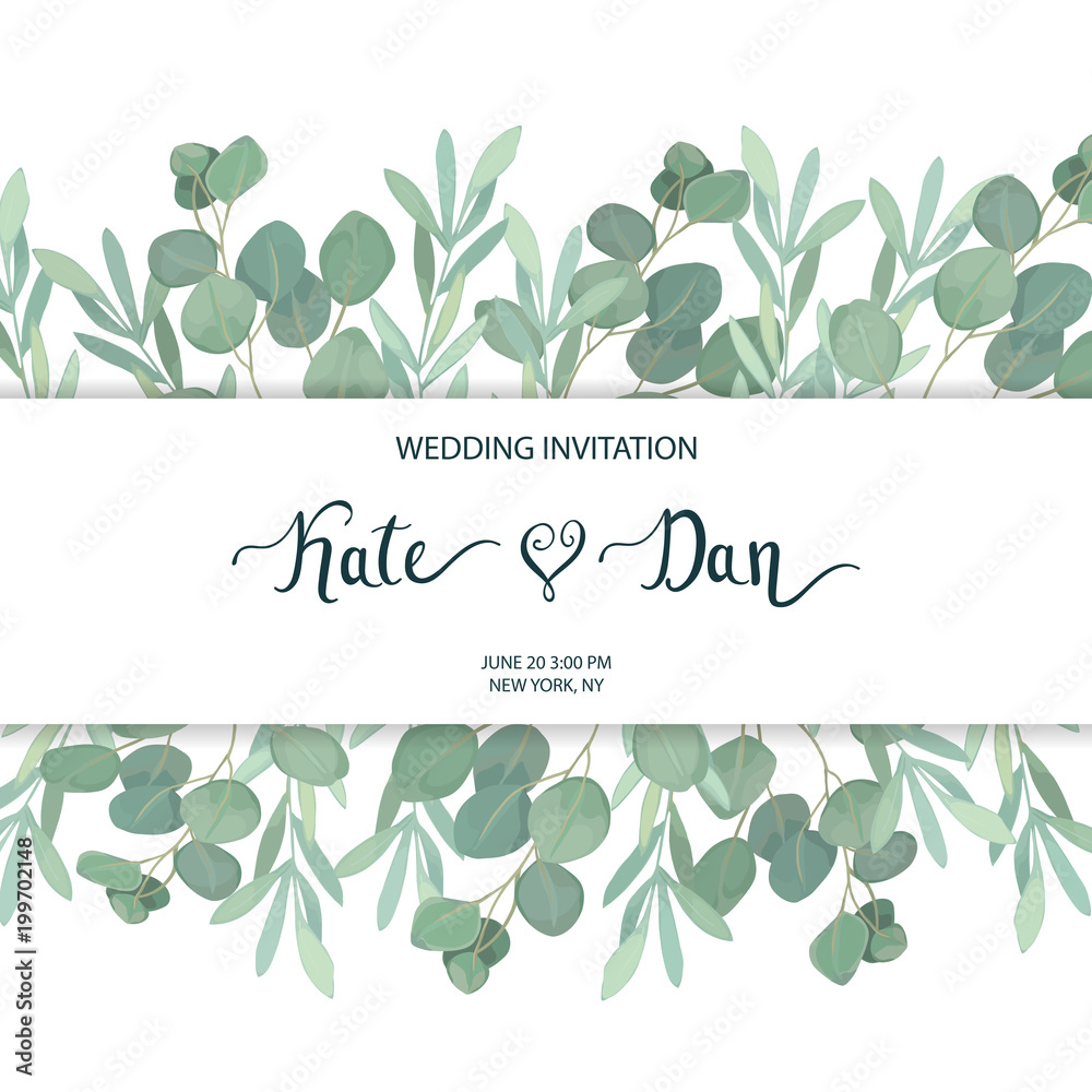 Floral greenery card template with eucalyptus branch. For wedding  invitation, save the date, birthday, Easter. Vector illustration.  Watercolor style Stock Vector | Adobe Stock