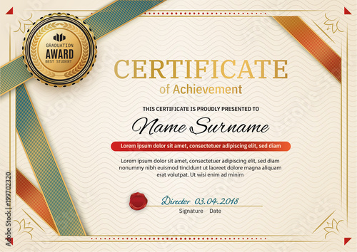 Official retro certificate with red gold design elements. Red ribbon and gold emblem. Vintage modern blank photo