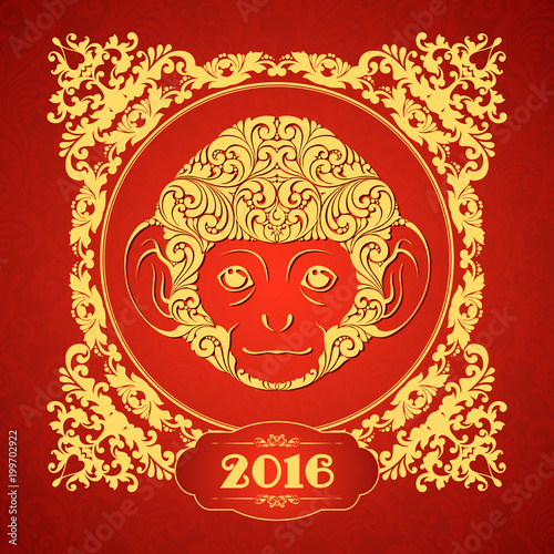 Ornamental template with golden frame and decorative monkey. Symbol of 2016 Ornate animal pattern design Red monkey