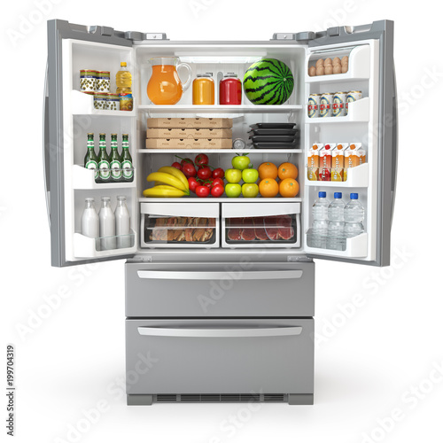 Open fridge refrigerator  full of food and drinks isolated on white background photo