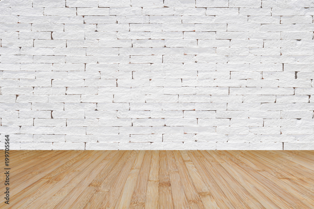Brick wall painted in white with wooden floor textured background in natural yellow brown Brick wall painted in white with wooden floor textured background in natural yellow brown