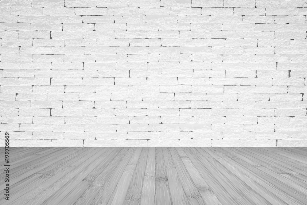 Grunge old aged brick wall painted in white color with wooden floor textured background in light grey with vignette
