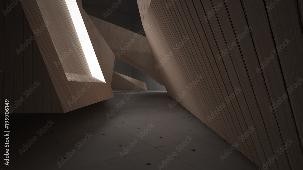 Abstract concrete and wood parametric interior with neon lighting. 3D illustration and rendering. Abstract concrete and wood parametric interior with neon lighting. 3D illustration and rendering.
