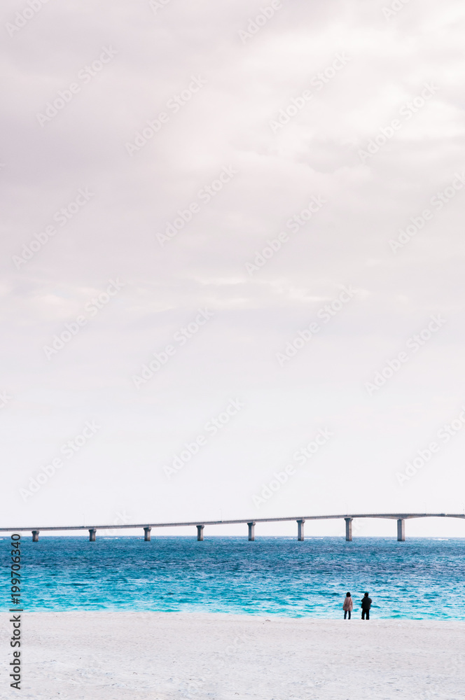 Blue water, white sand and Kurima bridge at Maehama Beach, Miyako, Okinawa