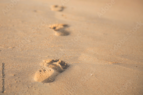 Image of Footprints on the sand on the beach at sunset as background