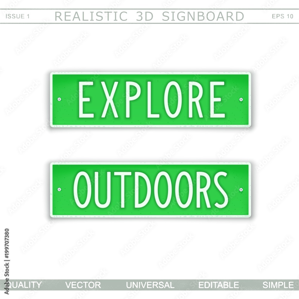 Explore. Outdoors. Signboard in style car license plate. Top view. Vector design elements