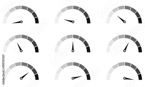 Speedometer or rating meter signs infographic gauge element. Vector graphic illustration.