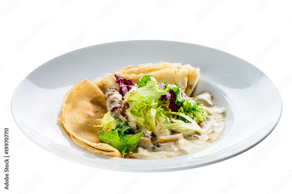 New menu in the cafe. Russian pancakes blini with fresh cream cheese isolated on white background