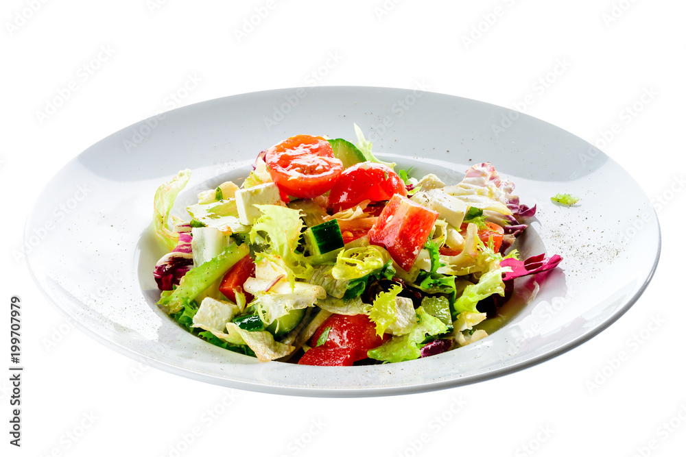 New menu in the restaurant. Fresh vegetarian salad isolated on white background New menu in the restaurant. Fresh vegetarian salad isolated on white background
