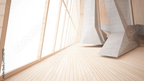 Abstract concrete and wood parametric interior with window. 3D illustration and rendering.