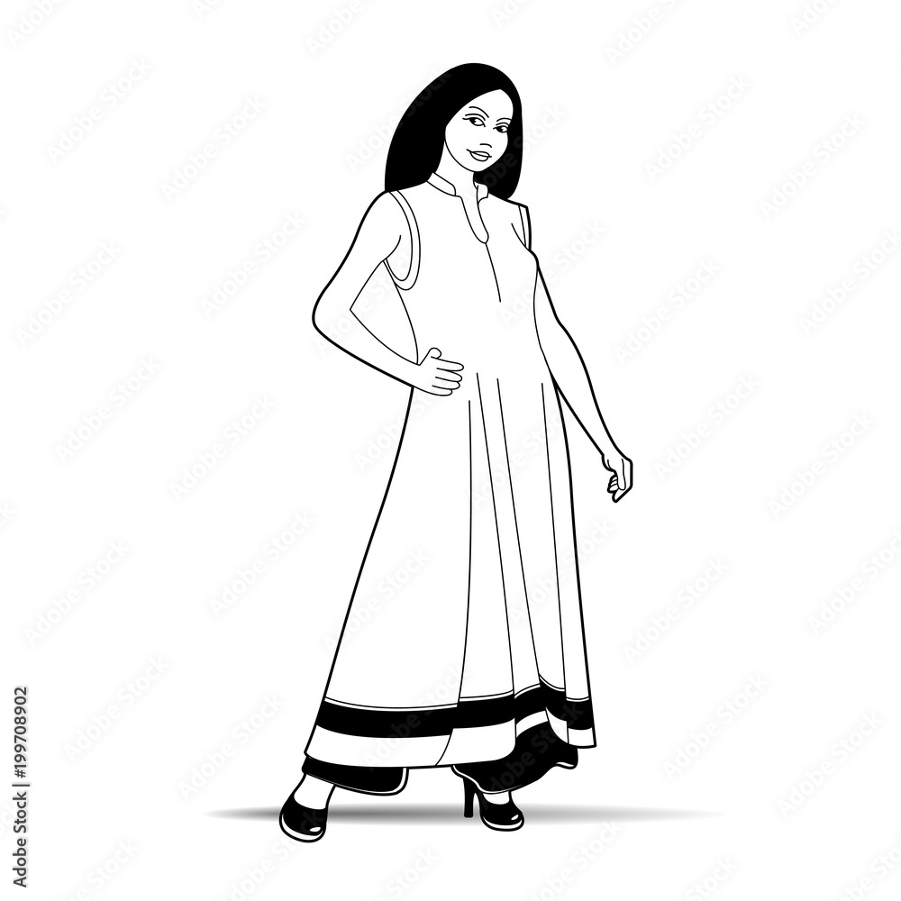 black outline girl with smile in frock vector cartoon Stock Vector