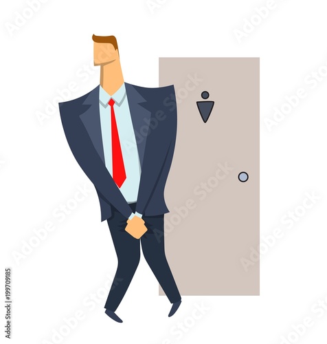 Stressed man. Businessman wanting to pee stands in front of a WC door. Isolated illustration on white backgroud. Cartoon vector image.