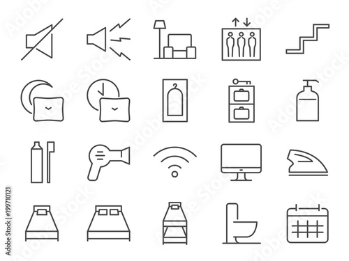 Hostel facilities icon set 2. Included the icons as bathroom, bed types, sleep, nap, lift, lobby, hotel, services and more