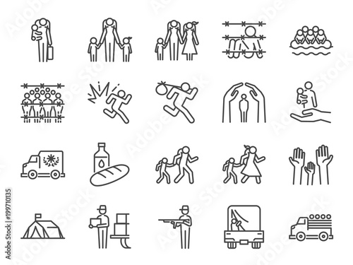 Refugee icon set. Included the icons as displaced person, asylum, shelter, evacuate, persecution,  escape, international problem and more