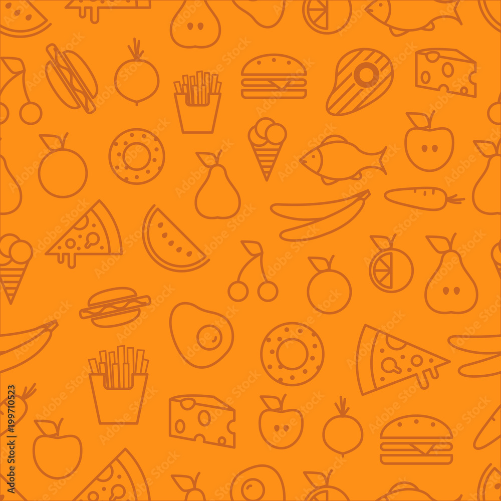 Different food silhouette icons seamless pattern. Food lineart background Different food silhouette icons seamless pattern. Food lineart background