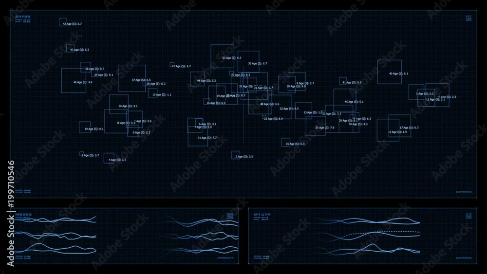 Monochromatic, multi-panel visual display: object movement/location tracking, graphs, readouts and indicators. Reversible seamless loop. Monochromatic, multi-panel visual display: object movement/location tracking, graphs, readouts and indicators. Reversible seamless loop.