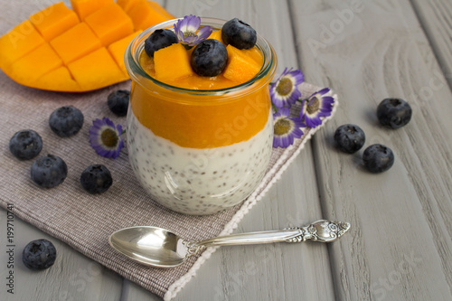 Pudding with chia,mango and blueberries on the grey wooden background