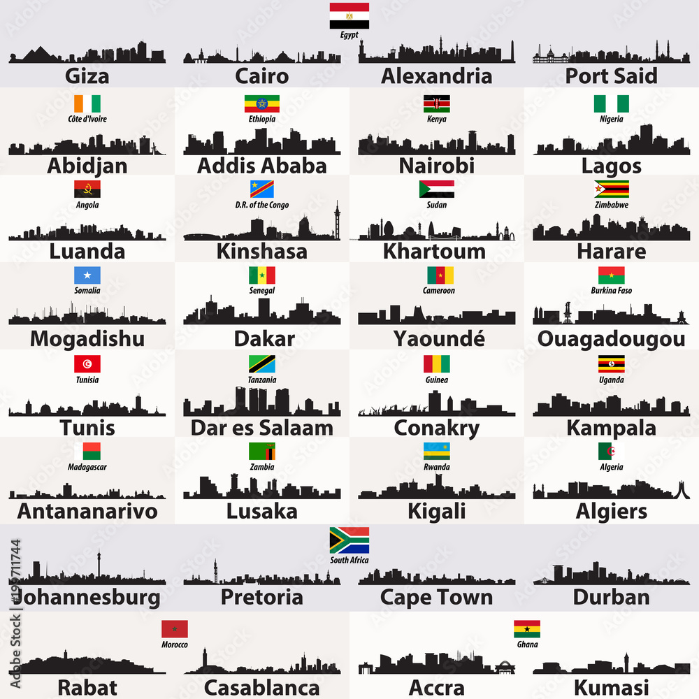 Fototapeta premium wektor zestaw afrykańskich miast abstrakcyjne sylwetki na tle nieba