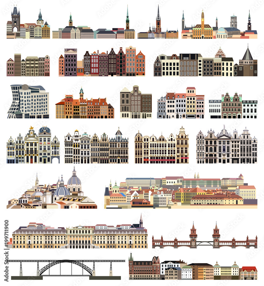 vector set houses, buildings, bridges and other cities street's skylines elements